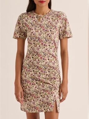 Balzac Paris Floral Short Sleeve Cream Dress with Pink & Green Accents.